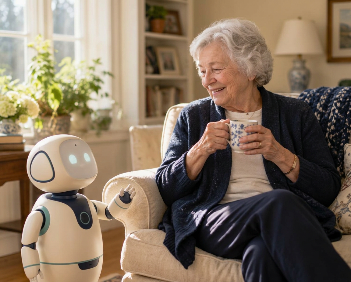 A smiling older woman enjoying tea at home with her companion