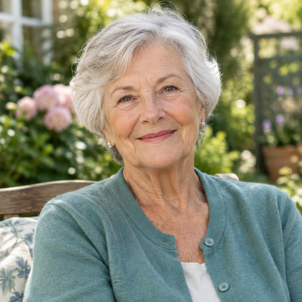 Independent adult smiling outdoors in her garden