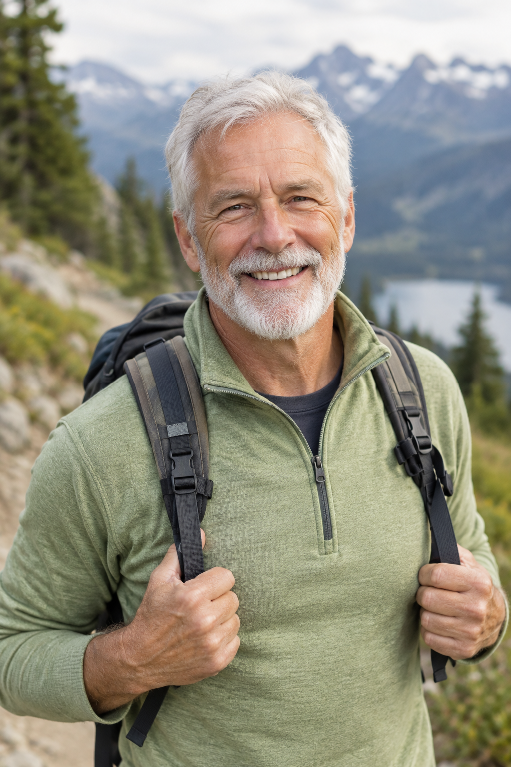 Proactive planner smiling on a mountain trail